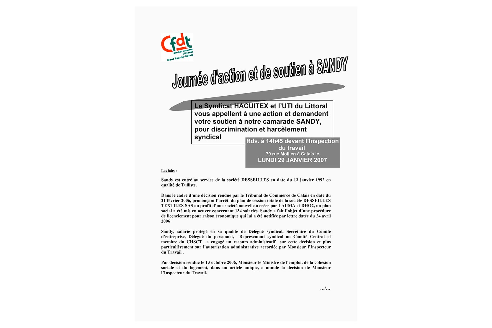 Schreiben der Gewerkschaft Cfdt über Sandy Bomble  Kunstwerk von Heiko Schäfer