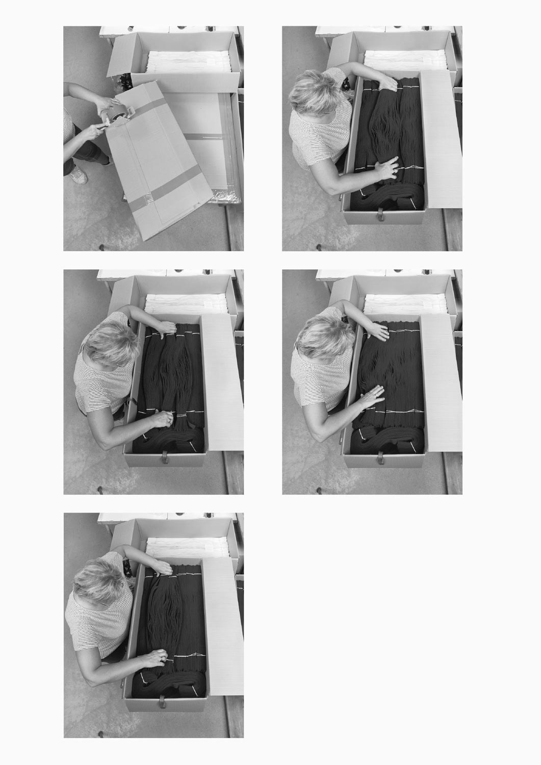 Eine Textilarbeiterin arbeitet an einem Arbeitstisch in der Firma M. Batex  Fotografie von Heiko Schäfer