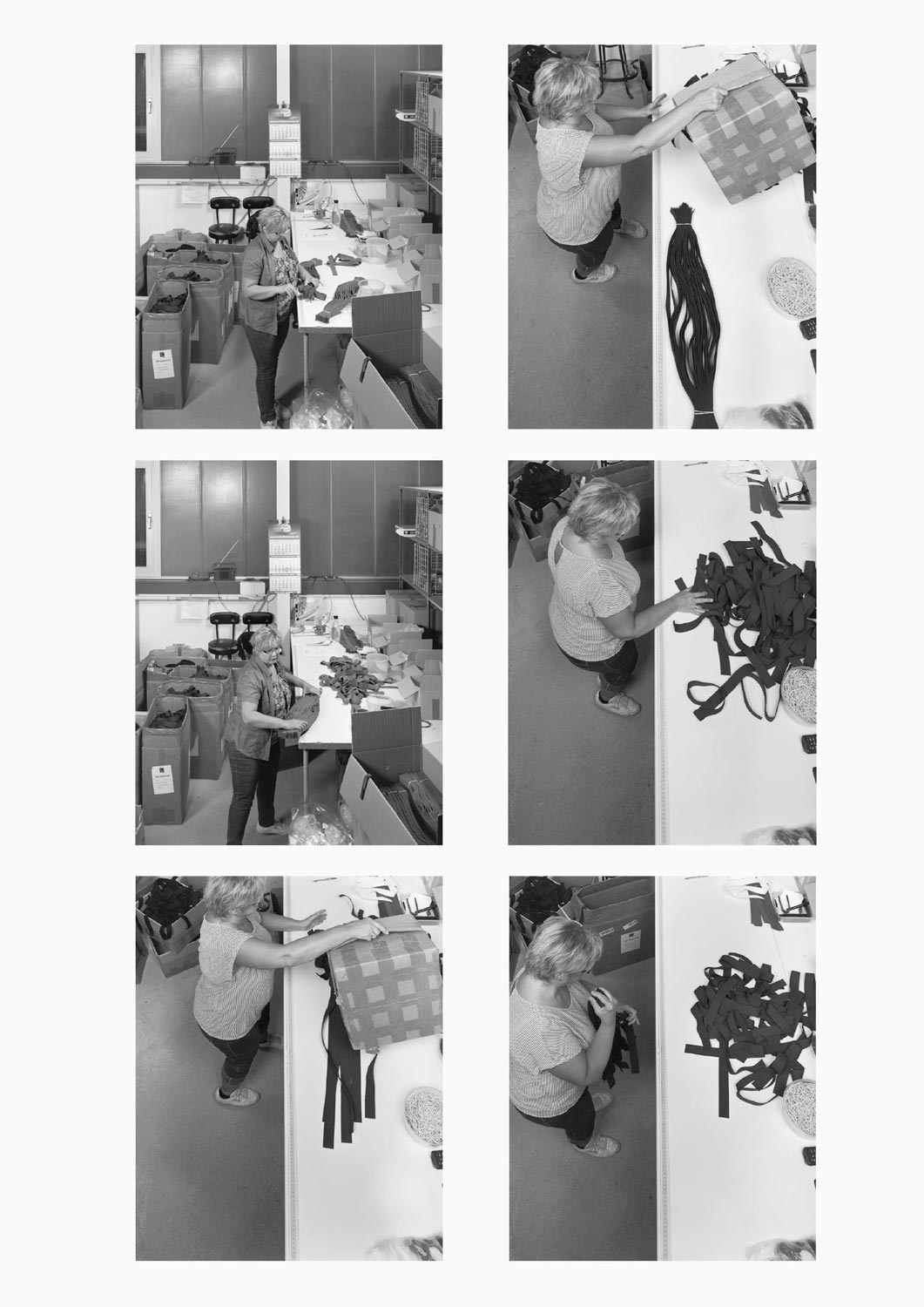 Eine Textilarbeiterin arbeitet an einem Arbeitstisch in der Firma M. Batex  Fotografie von Heiko Schäfer