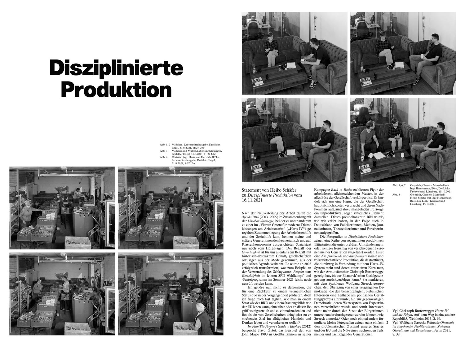 Wandzeitung zur Arbeit Disziplinierte Produktion mit einem Text und Fotografien  Kunstwerk von Heiko Schäfer